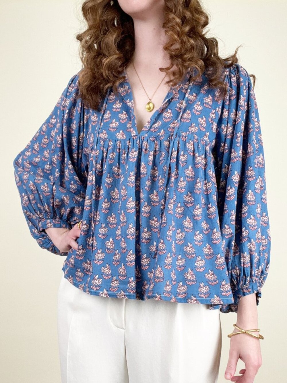 Vintage Y2K Floral Print Balloon Sleeve Crop Top Blouse Boho Hippie Bohemian 00s